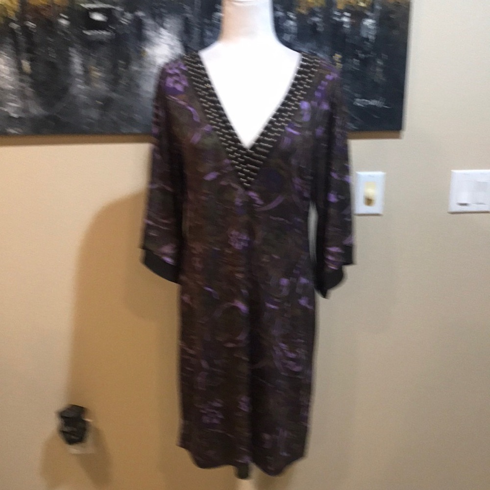 Michael Kors VNeck Pullover Brown Tunic Dress w/Stud Accents & Bell Sleeves-M